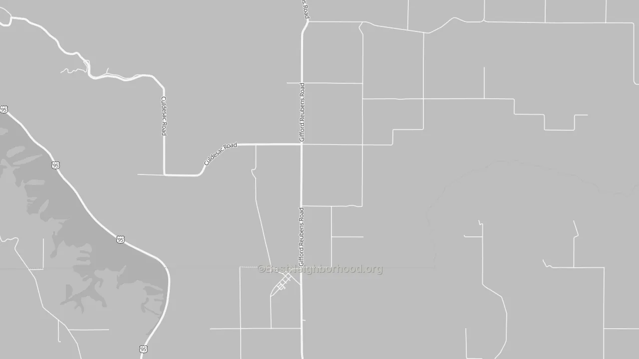 Walk Grade map of Reubens, ID, walkable areas in green and car-dependent areas in red