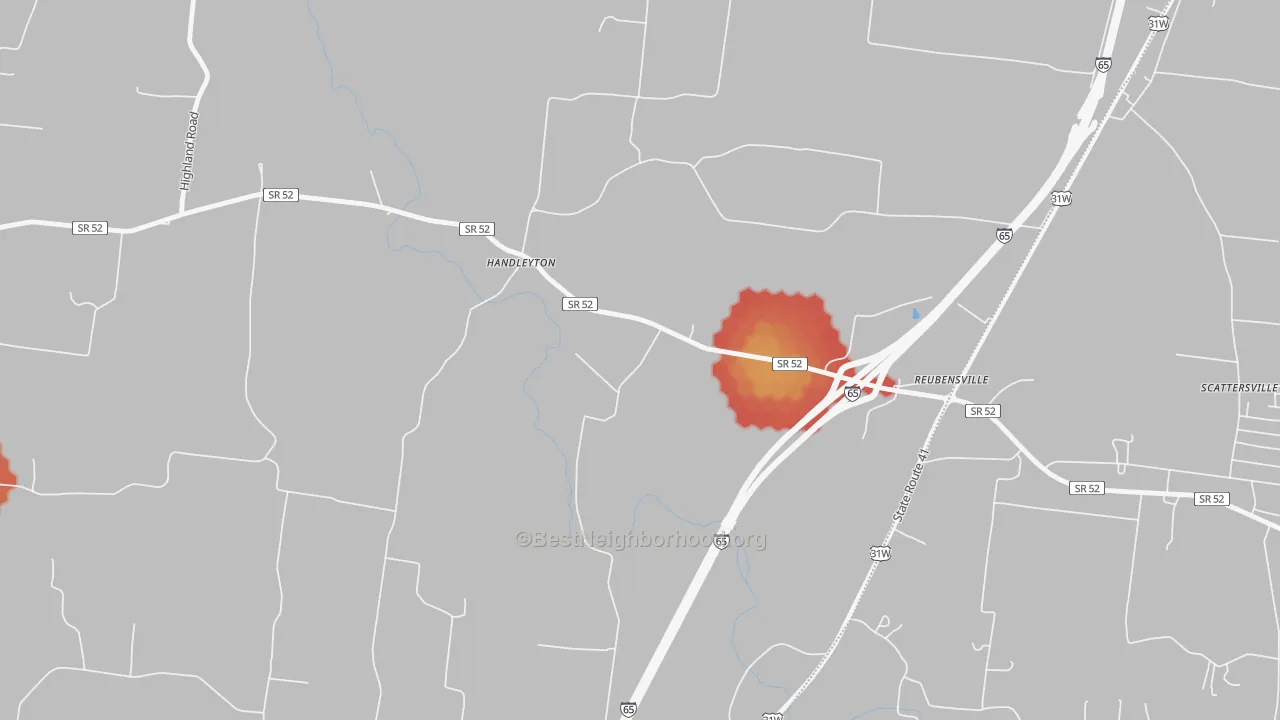 Walk Grade map of Reubensville, TN, walkable areas in green and car-dependent areas in red