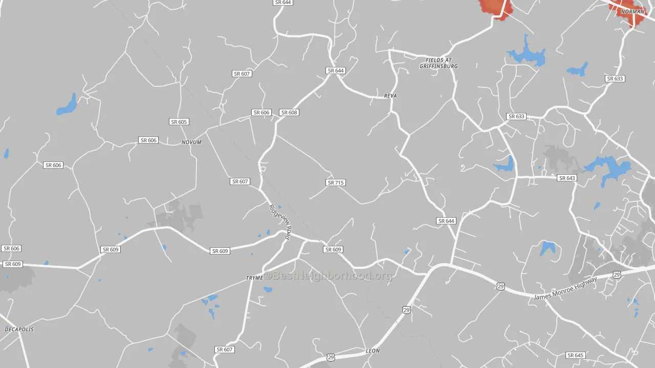 Walk Grade map of Reva, VA, walkable areas in green and car-dependent areas in red