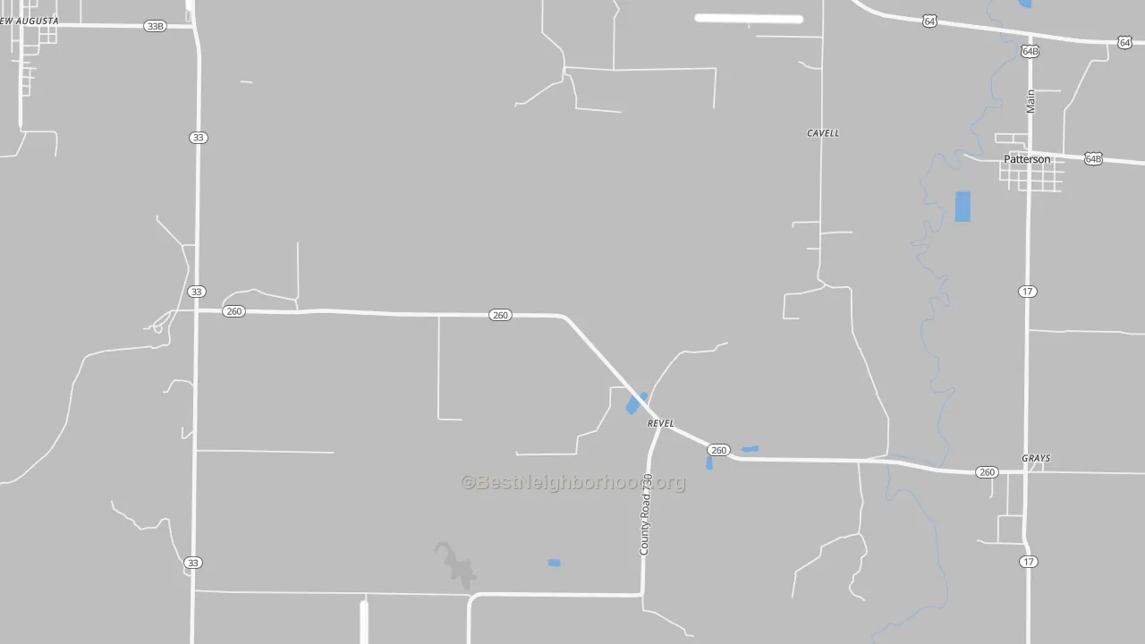 Walk Grade map of Revel, AR, walkable areas in green and car-dependent areas in red