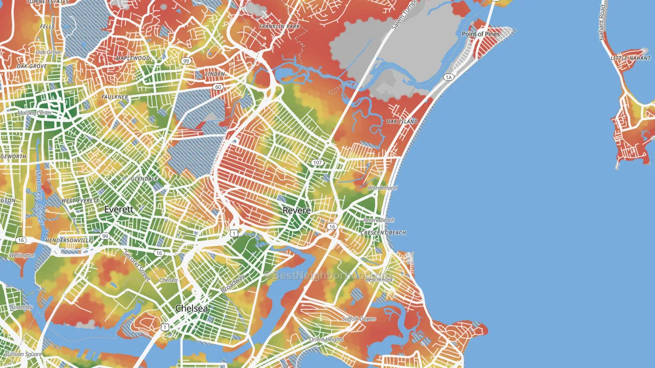 Walk Grade map of Revere, MA, walkable areas in green and car-dependent areas in red