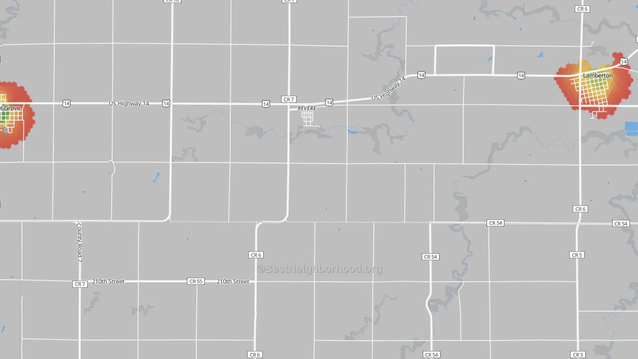 Walk Grade map of Revere, MN, walkable areas in green and car-dependent areas in red