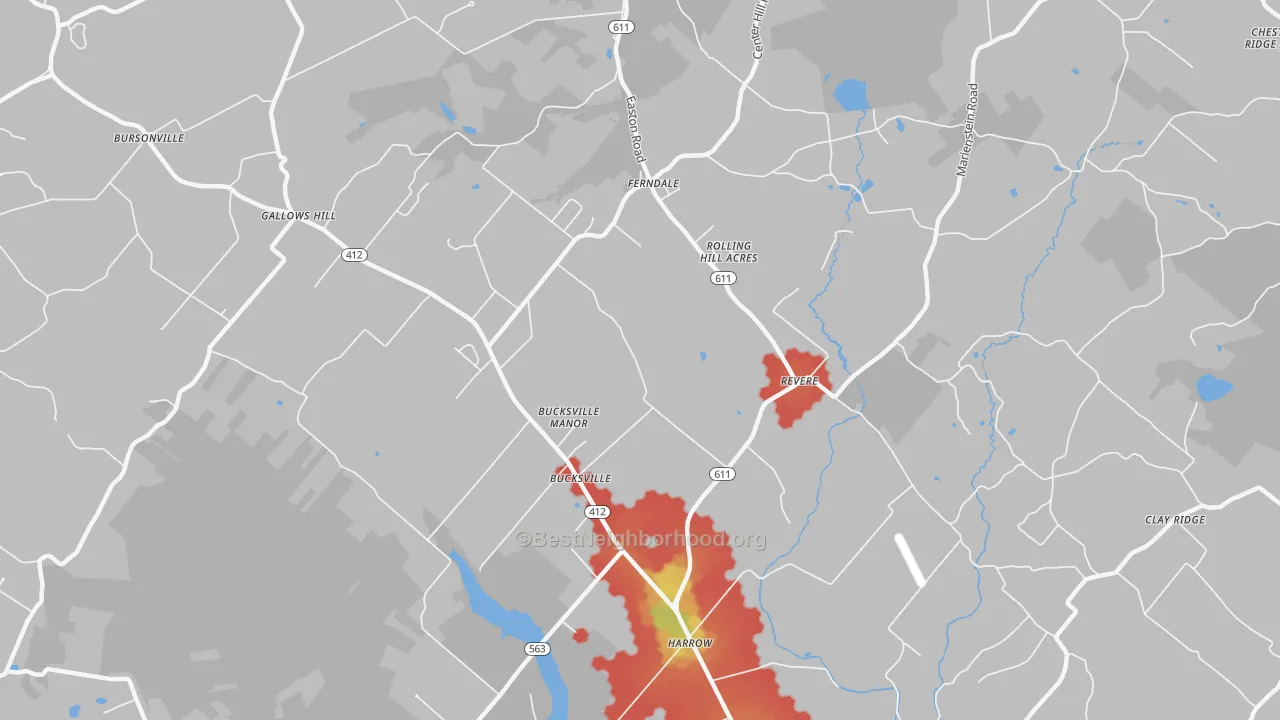 Walk Grade map of Revere, PA, walkable areas in green and car-dependent areas in red