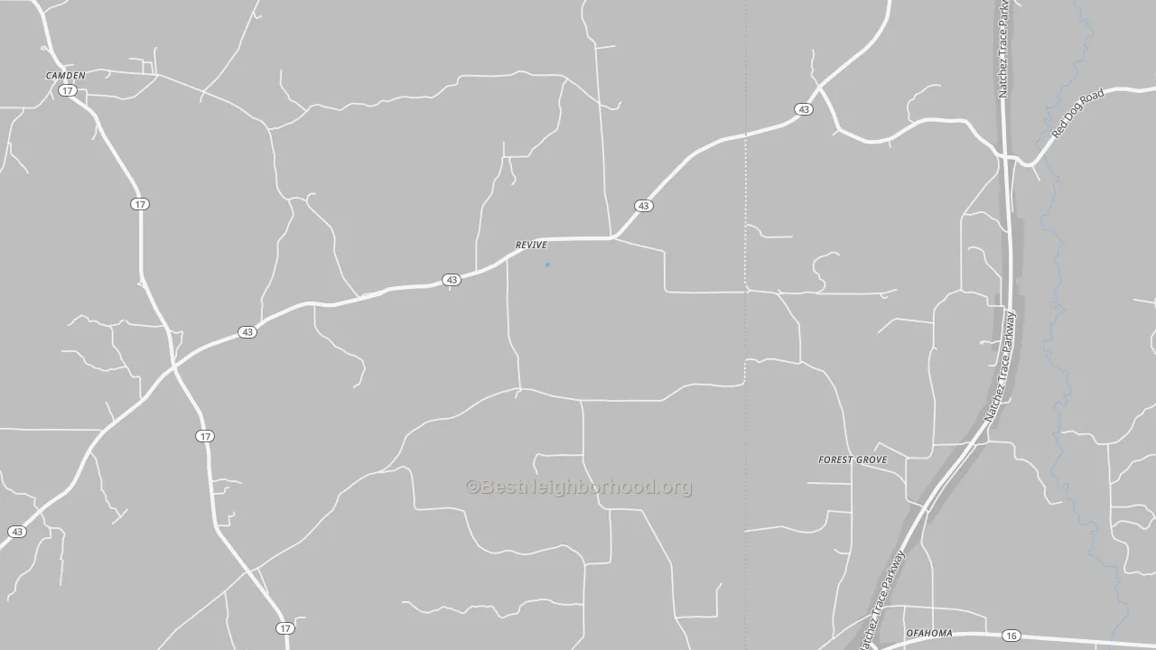 Walk Grade map of Revive, MS, walkable areas in green and car-dependent areas in red