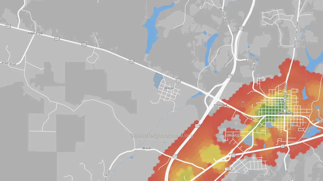 Walk Grade map of Revloc, PA, walkable areas in green and car-dependent areas in red
