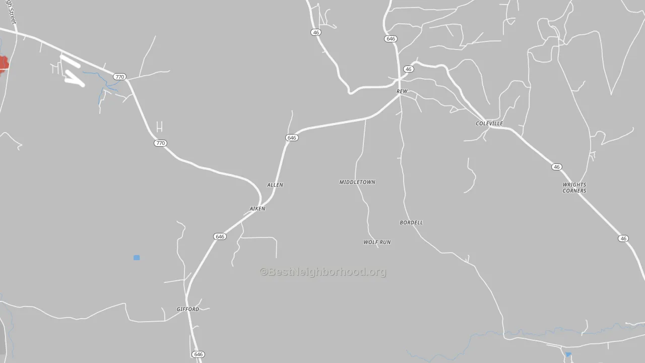 Walk Grade map of Rew, PA, walkable areas in green and car-dependent areas in red