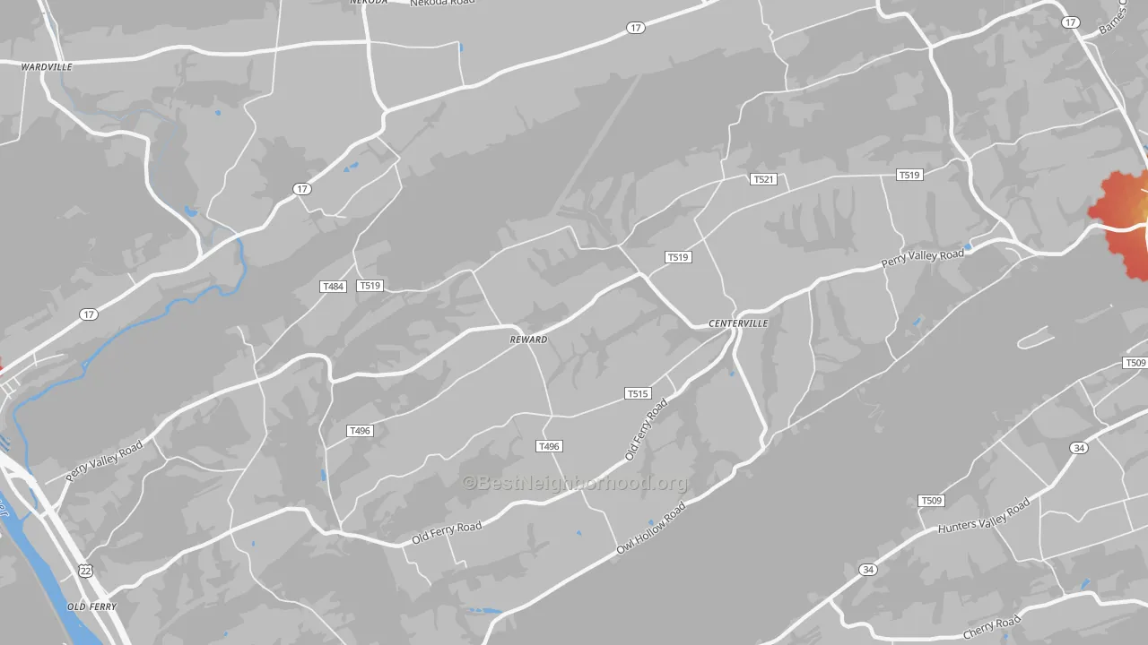 Walk Grade map of Reward, PA, walkable areas in green and car-dependent areas in red