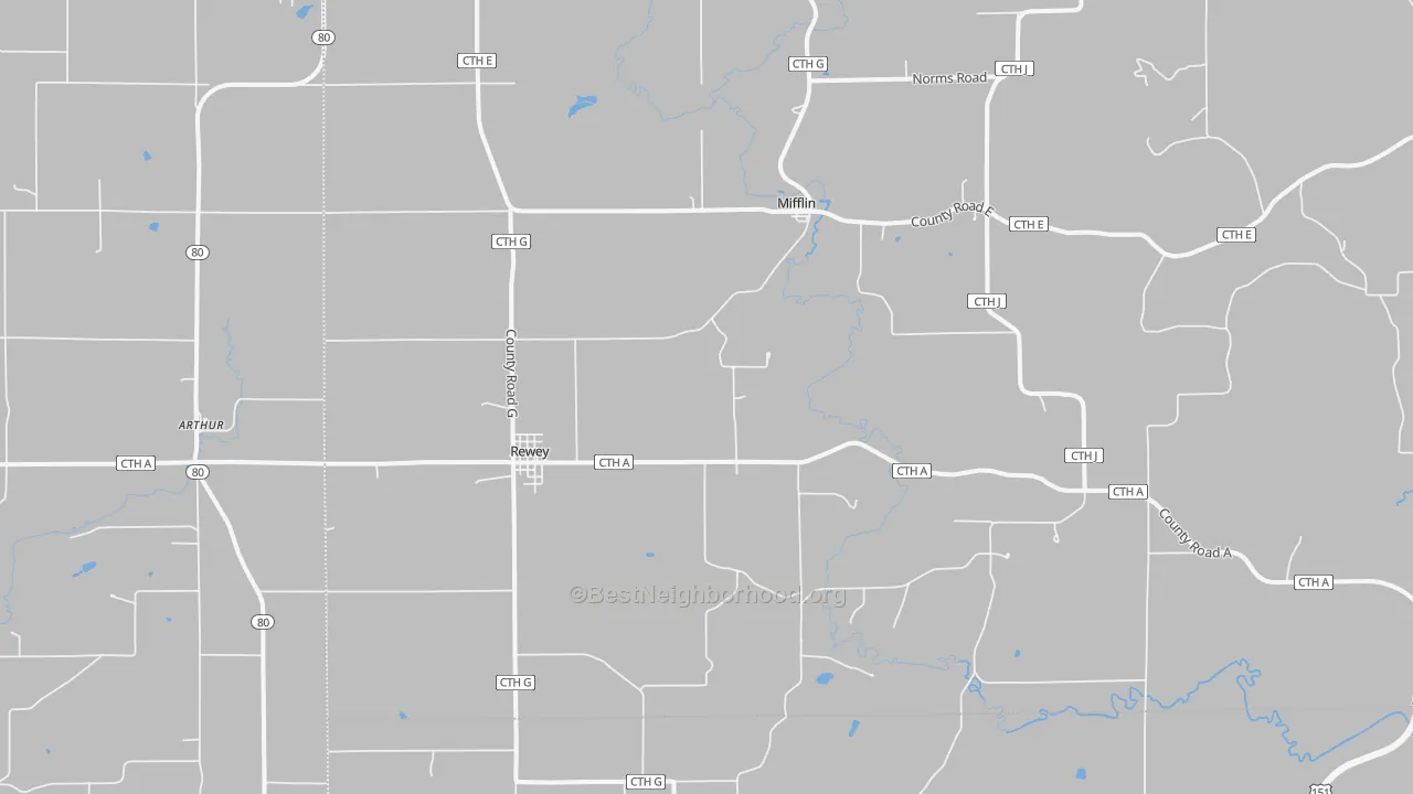 Walk Grade map of Rewey, WI, walkable areas in green and car-dependent areas in red