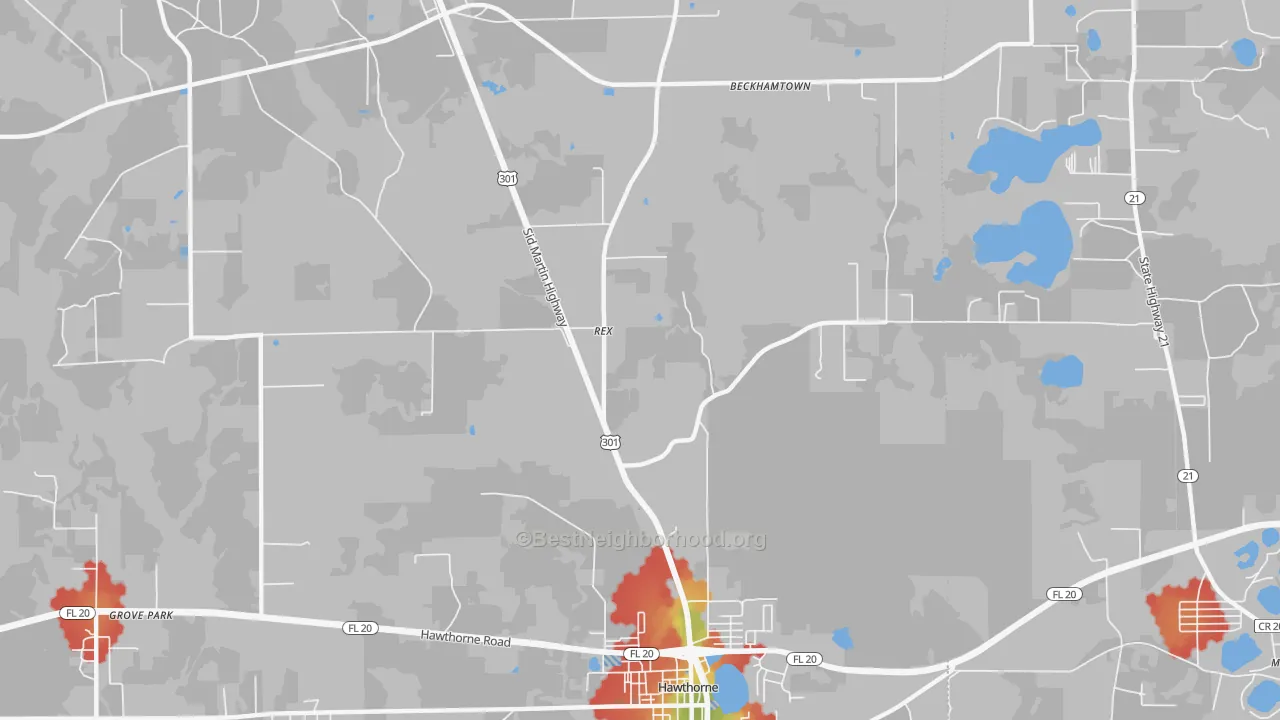 Walk Grade map of Rex, FL, walkable areas in green and car-dependent areas in red