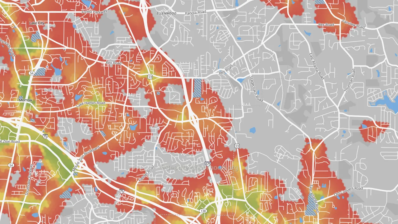 Walk Grade map of Rex, GA, walkable areas in green and car-dependent areas in red