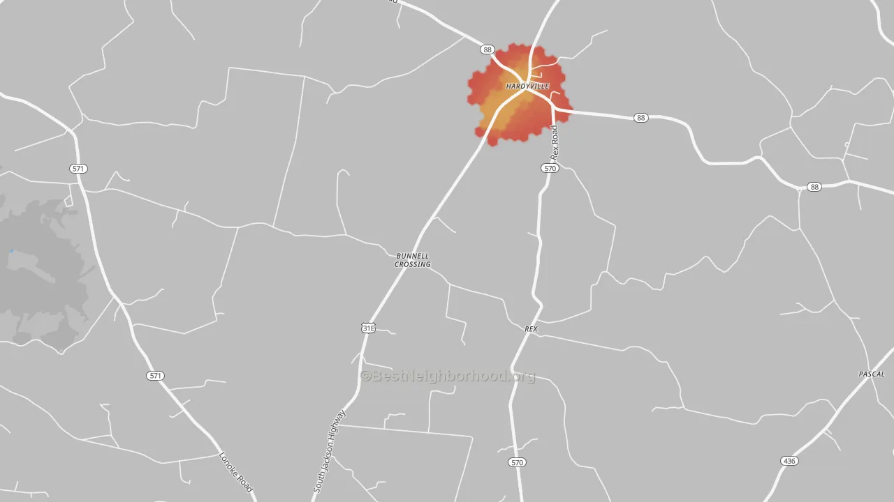 Walk Grade map of Rex, KY, walkable areas in green and car-dependent areas in red