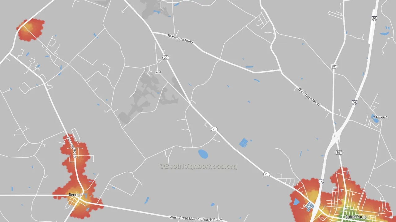 Walk Grade map of Rex, NC, walkable areas in green and car-dependent areas in red