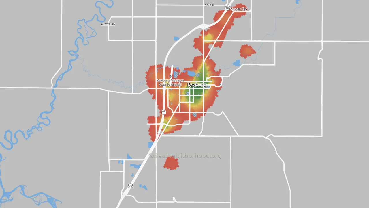 Walk Grade map of Rexburg, ID, walkable areas in green and car-dependent areas in red