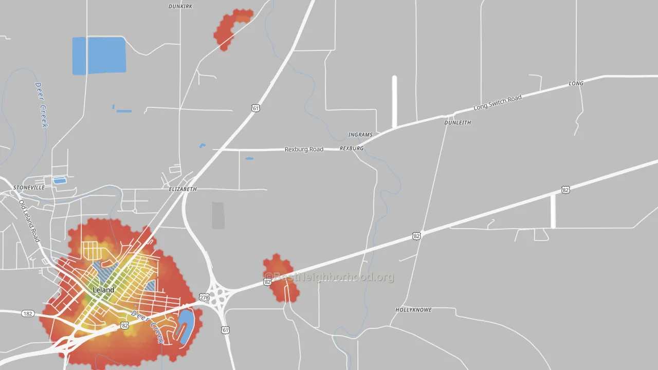 Walk Grade map of Rexburg, MS, walkable areas in green and car-dependent areas in red