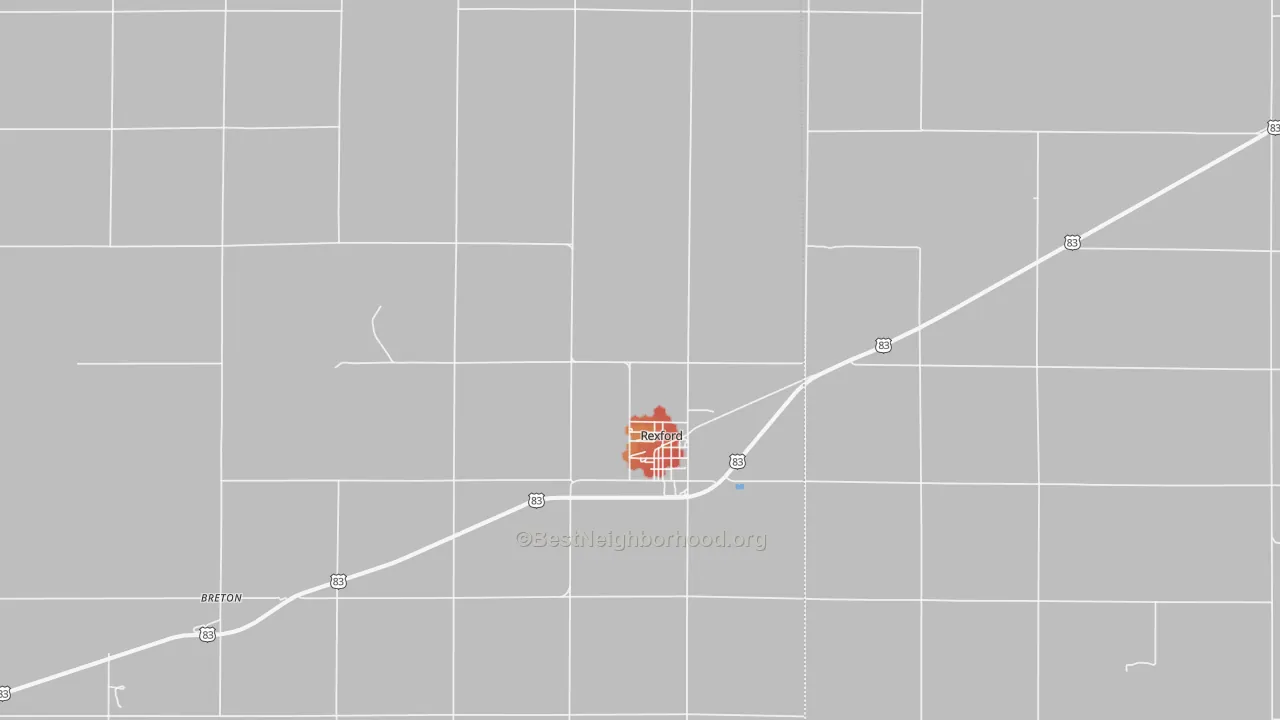 Walk Grade map of Rexford, KS, walkable areas in green and car-dependent areas in red