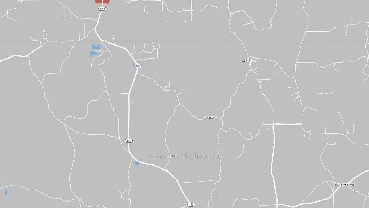 Walk Grade map of Rexford, MS, walkable areas in green and car-dependent areas in red