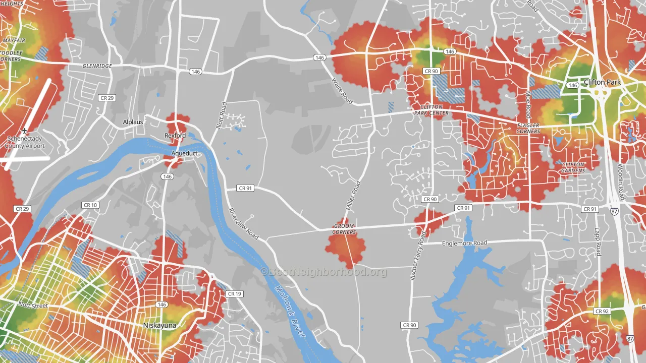 Walk Grade map of Rexford, NY, walkable areas in green and car-dependent areas in red