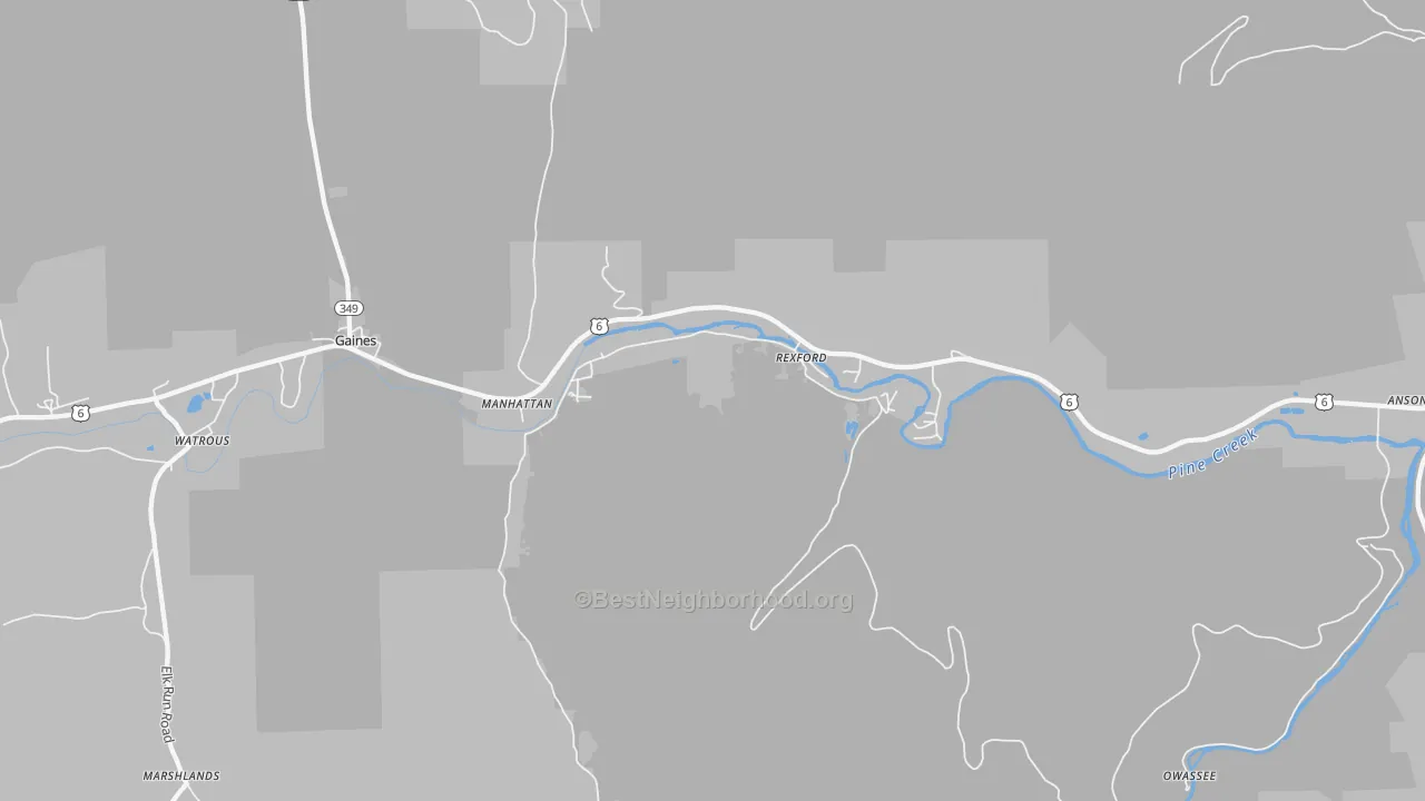 Walk Grade map of Rexford, PA, walkable areas in green and car-dependent areas in red