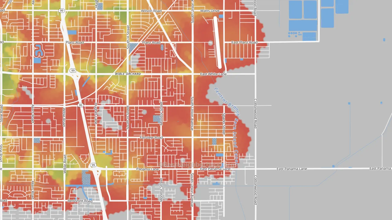 Walk Grade map of Rexland Acres, Bakersfield, CA, walkable areas in green and car-dependent areas in red