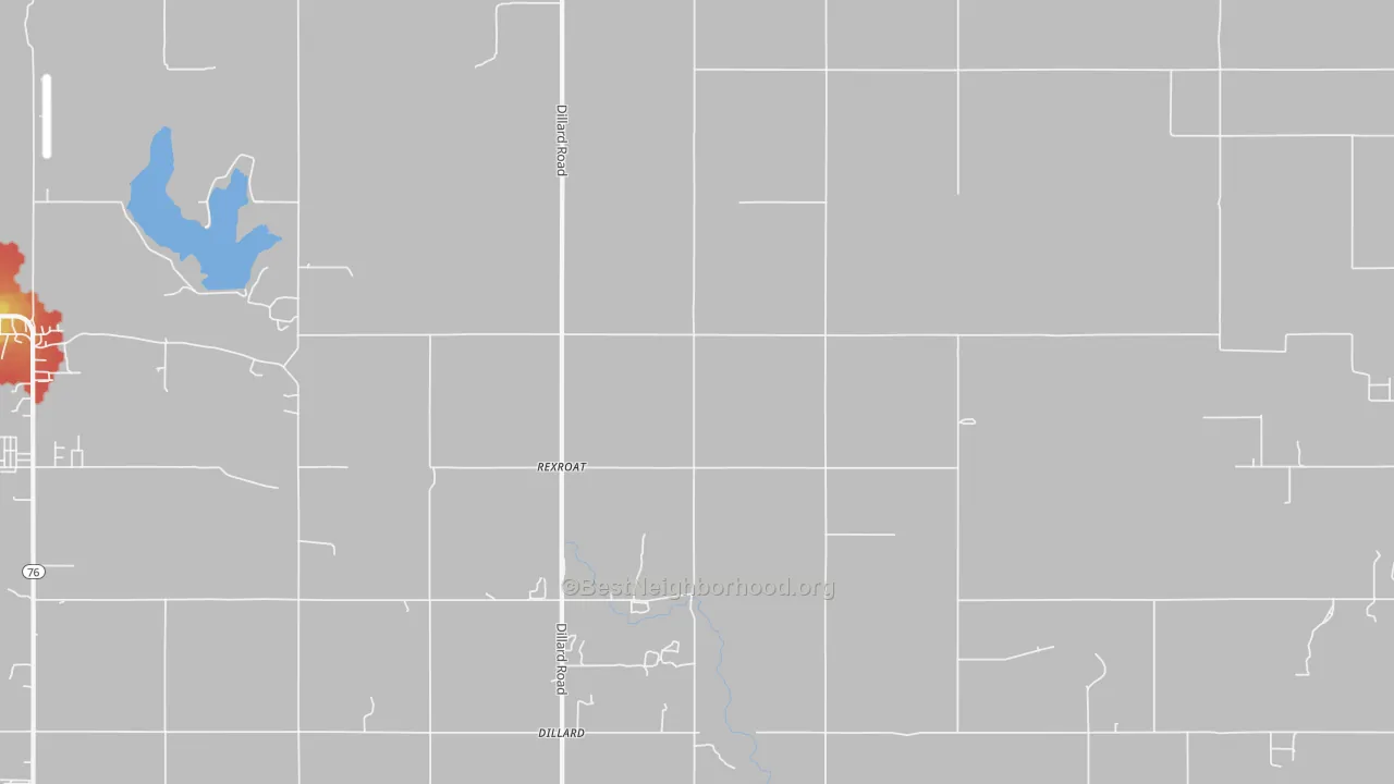Walk Grade map of Rexroat, OK, walkable areas in green and car-dependent areas in red