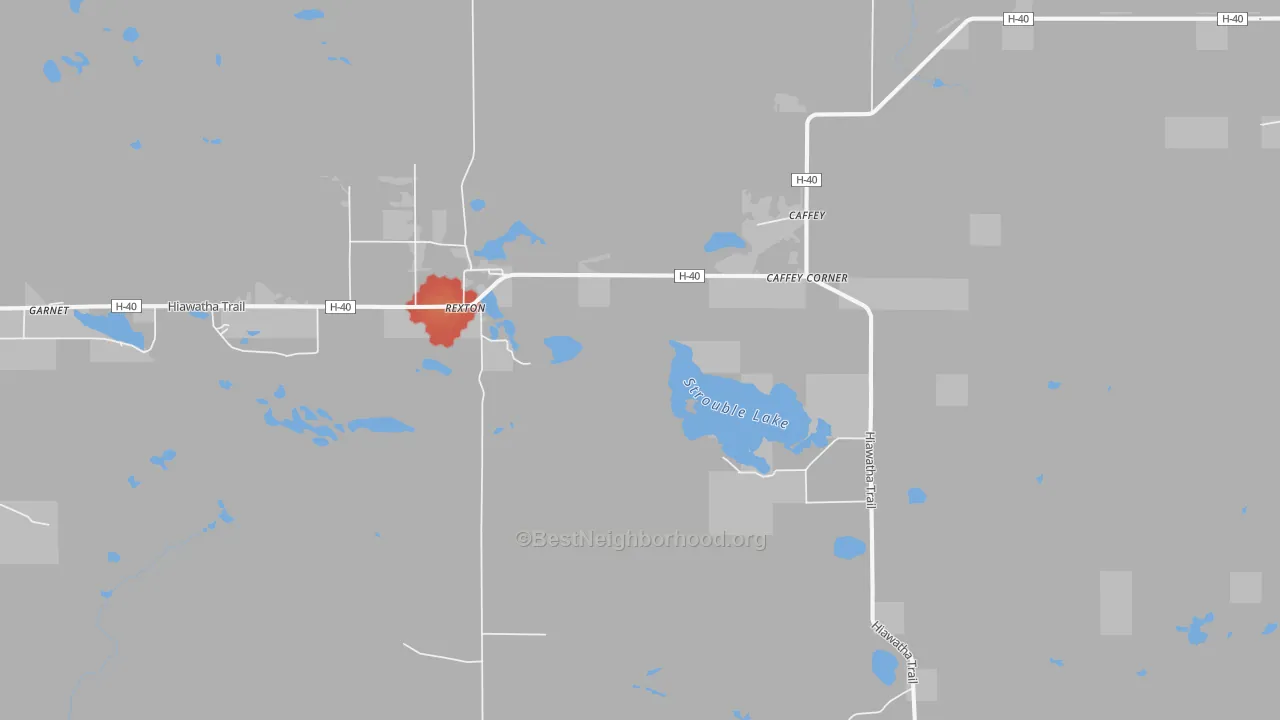 Walk Grade map of Rexton, MI, walkable areas in green and car-dependent areas in red