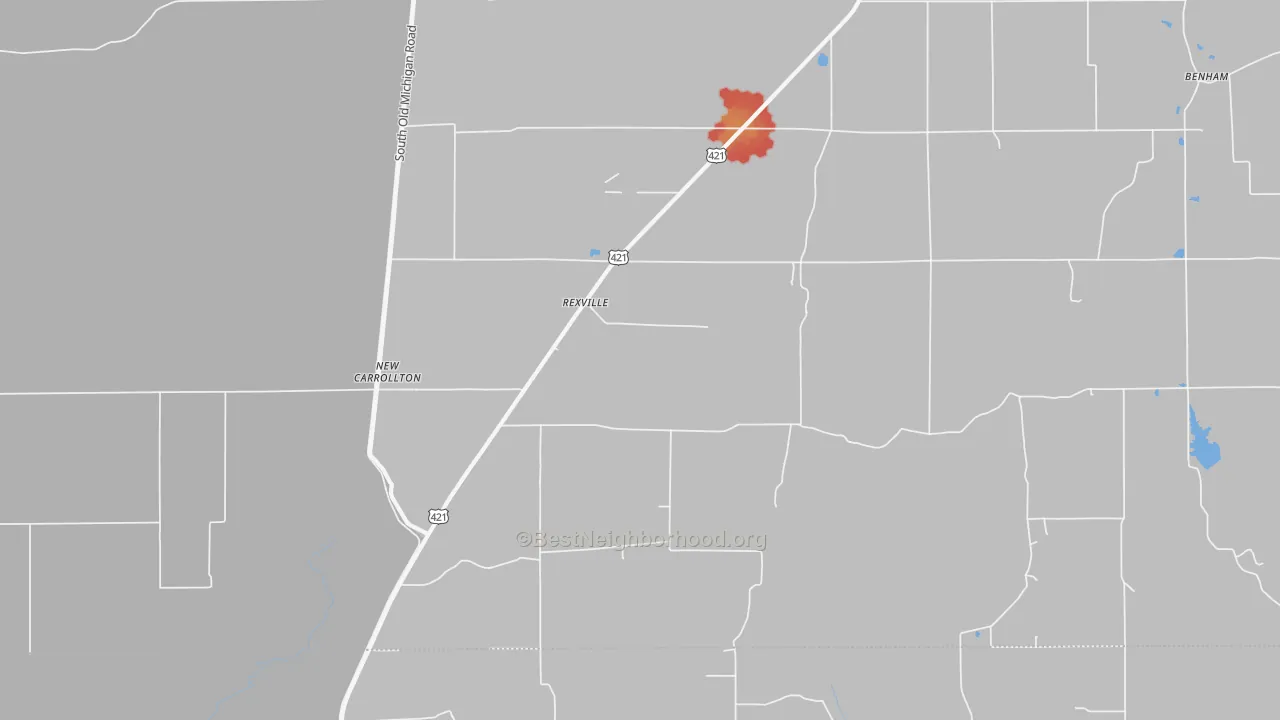 Walk Grade map of Rexville, IN, walkable areas in green and car-dependent areas in red