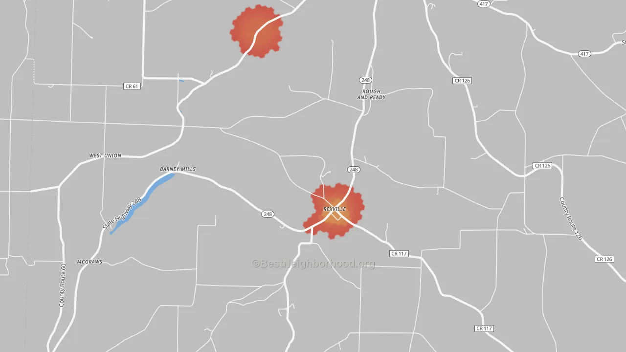 Walk Grade map of Rexville, NY, walkable areas in green and car-dependent areas in red