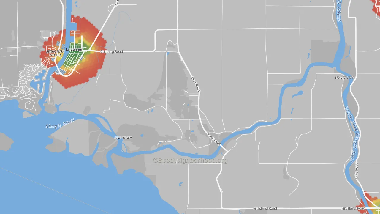 Walk Grade map of Rexville, WA, walkable areas in green and car-dependent areas in red