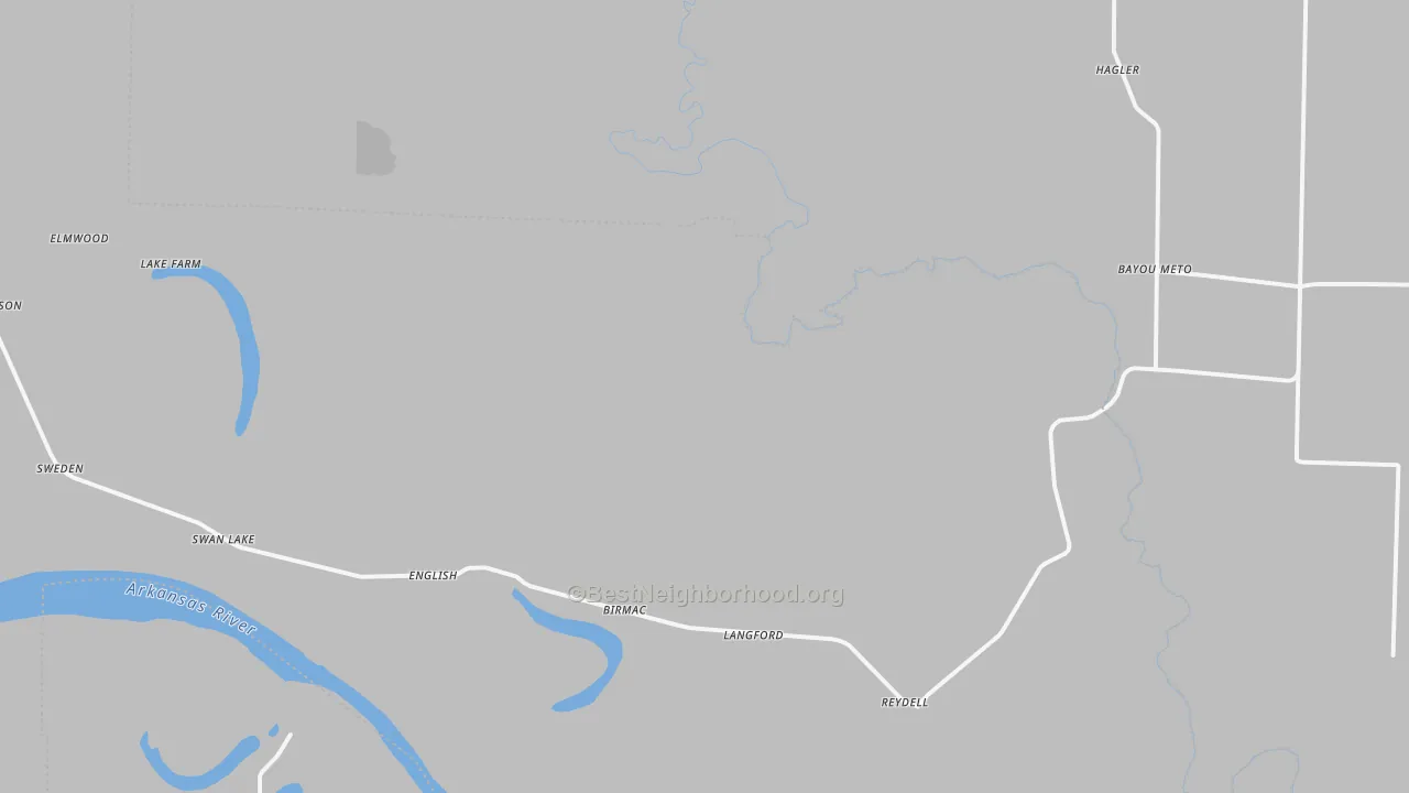 Walk Grade map of Reydell, AR, walkable areas in green and car-dependent areas in red