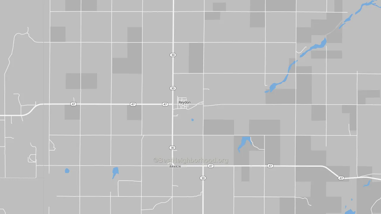 Walk Grade map of Reydon, OK, walkable areas in green and car-dependent areas in red