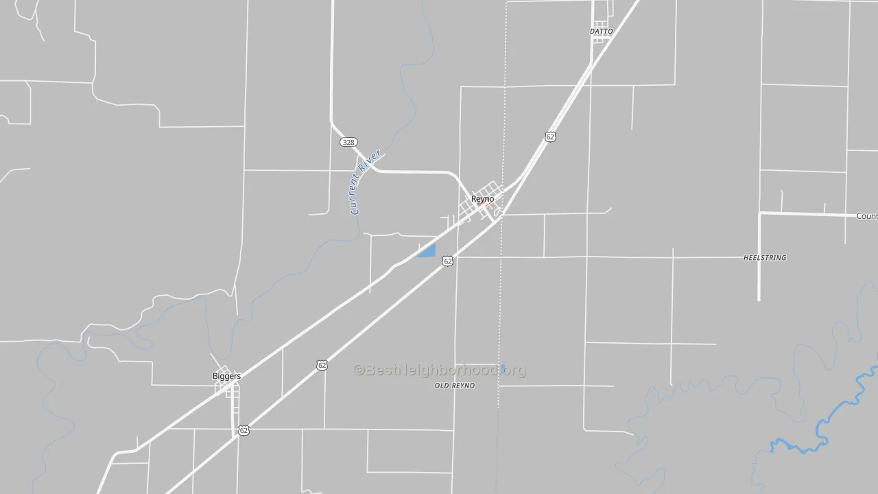 Walk Grade map of Reyno, AR, walkable areas in green and car-dependent areas in red