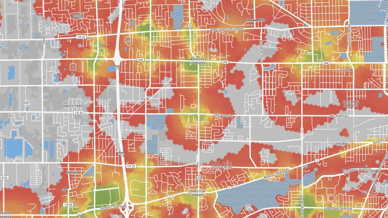 Walk Grade map of Reynolds Corners, Toledo, OH, walkable areas in green and car-dependent areas in red