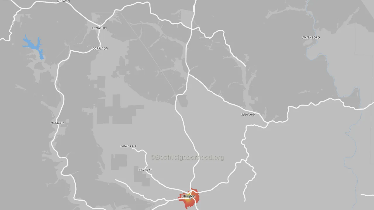 Walk Grade map of Reynolds County, MO, walkable areas in green and car-dependent areas in red