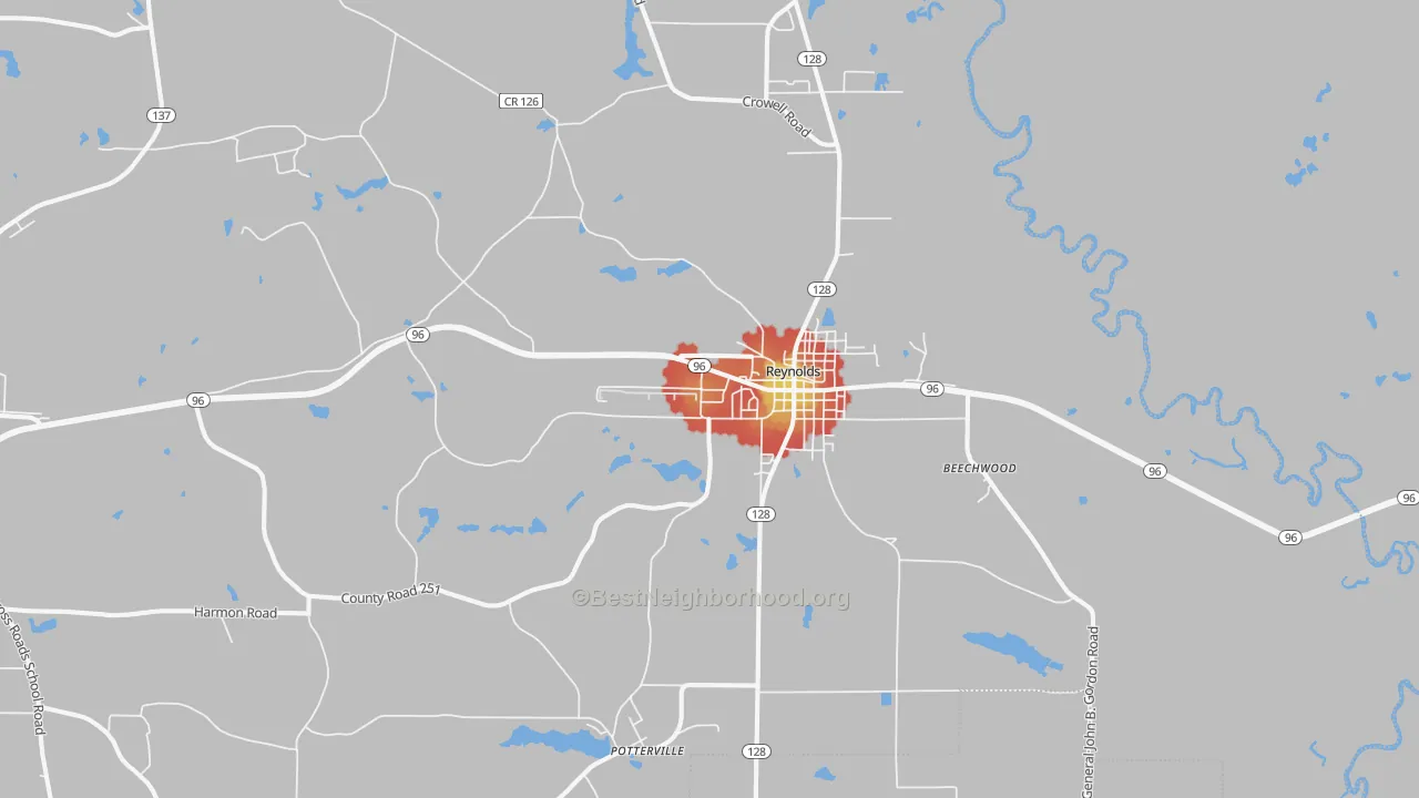 Walk Grade map of Reynolds, GA, walkable areas in green and car-dependent areas in red