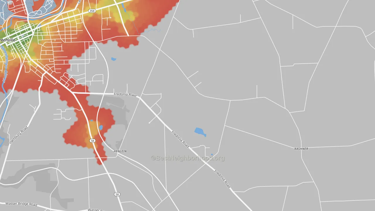 Walk Grade map of Reynolds Heights, PA, walkable areas in green and car-dependent areas in red