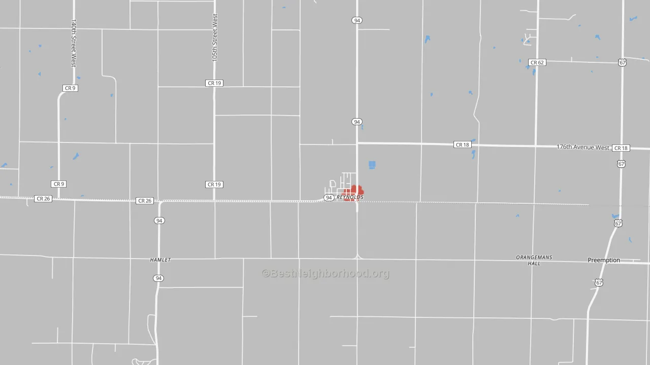 Walk Grade map of Reynolds, IL, walkable areas in green and car-dependent areas in red