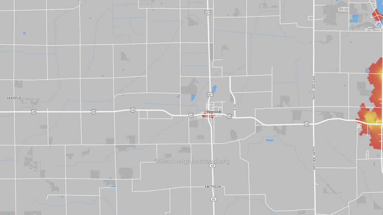Walk Grade map of Reynolds, IN, walkable areas in green and car-dependent areas in red