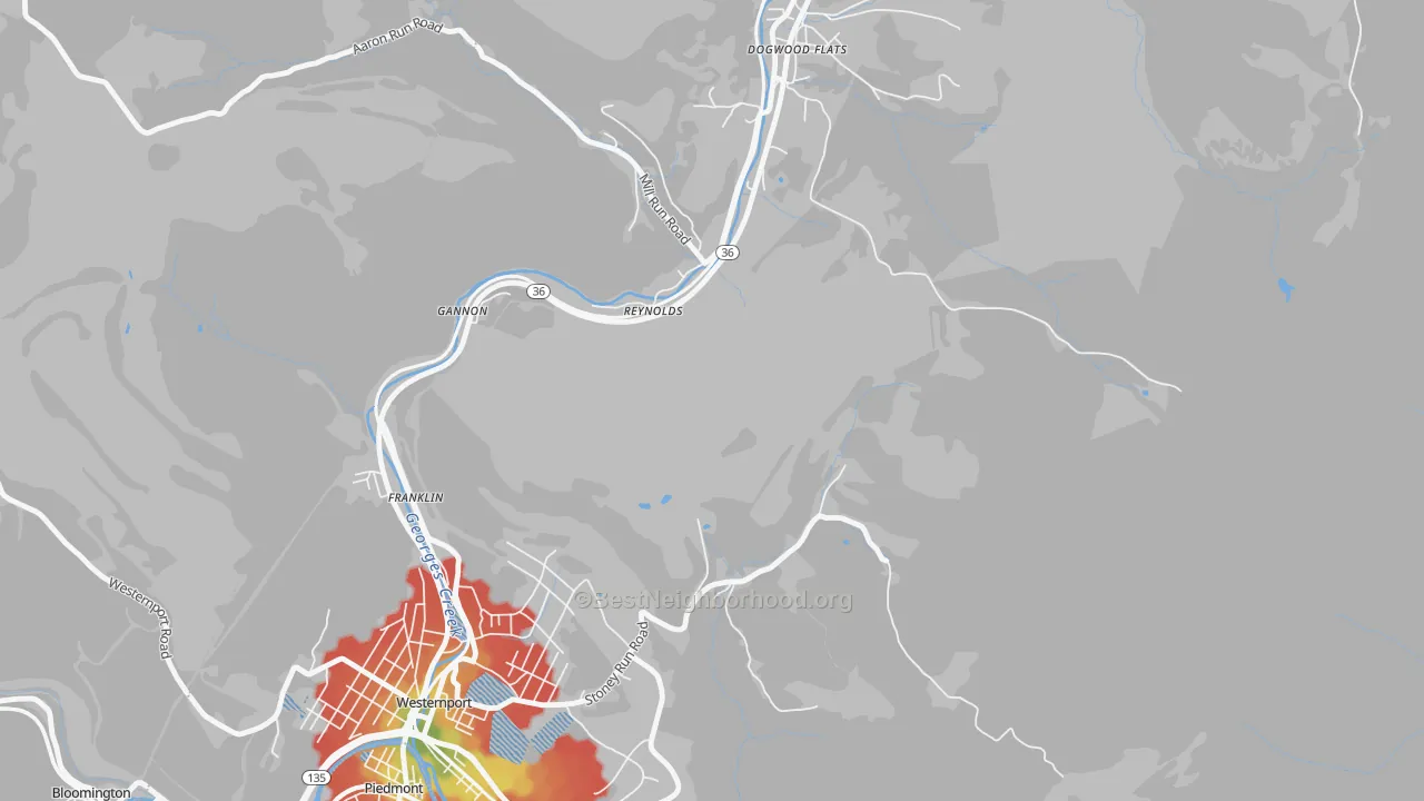 Walk Grade map of Reynolds, MD, walkable areas in green and car-dependent areas in red