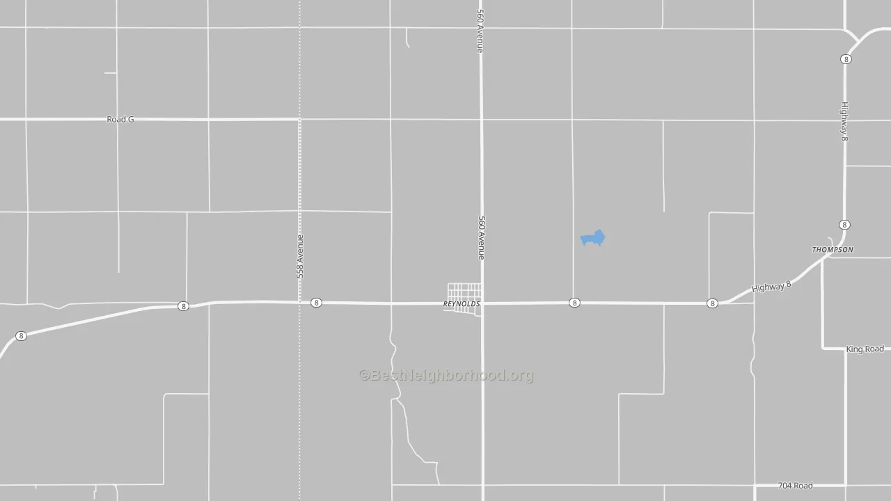 Walk Grade map of Reynolds, NE, walkable areas in green and car-dependent areas in red