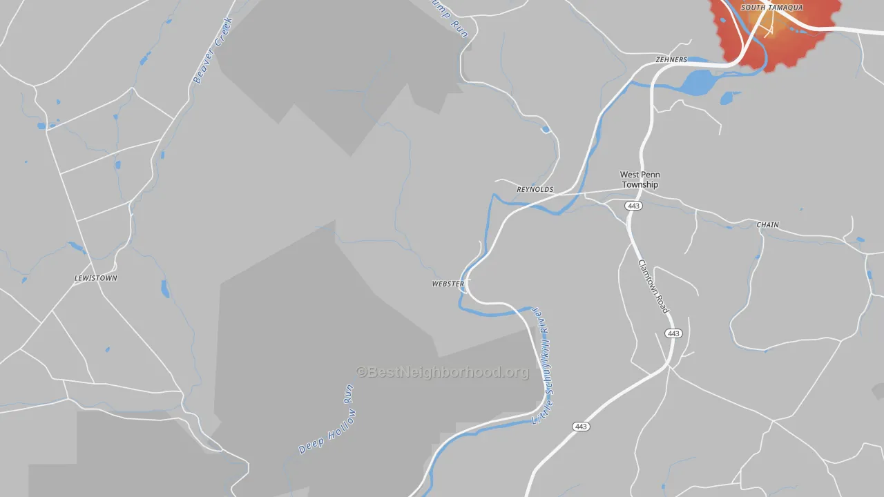 Walk Grade map of Reynolds, PA, walkable areas in green and car-dependent areas in red