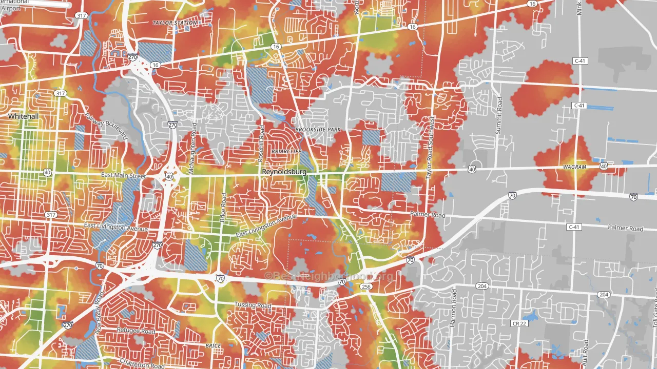 Walk Grade map of Reynoldsburg, OH, walkable areas in green and car-dependent areas in red
