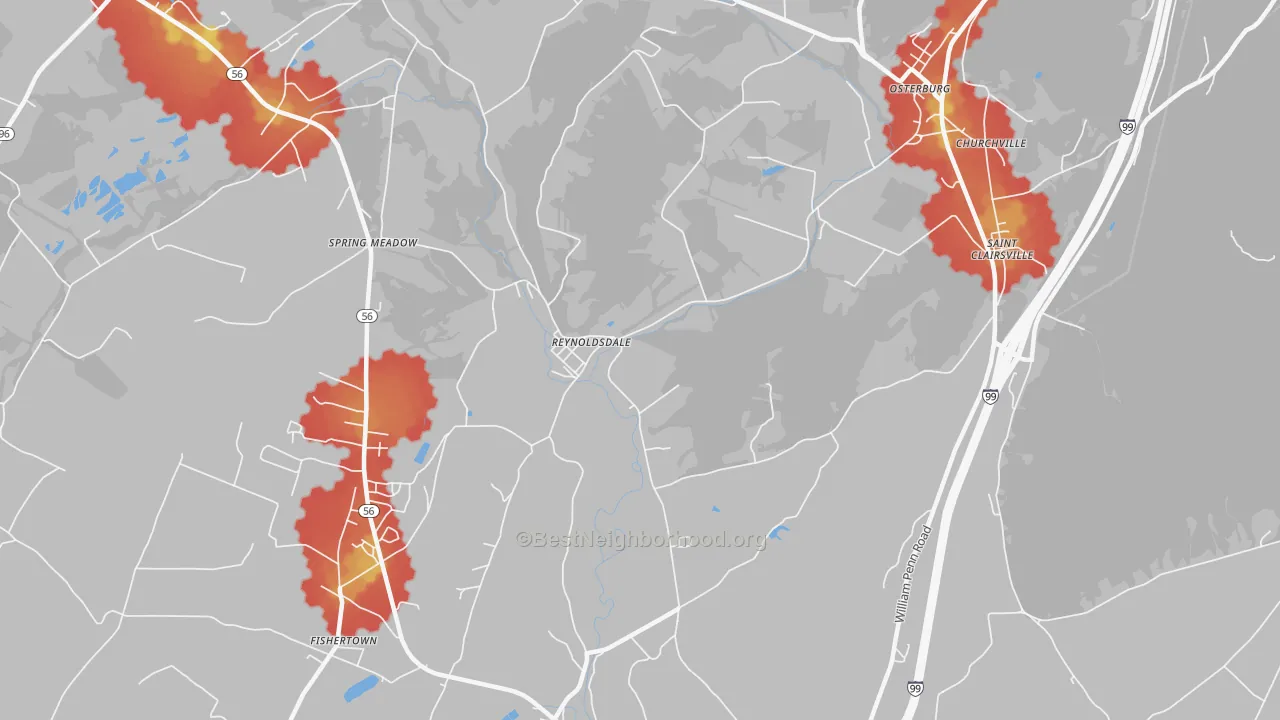Walk Grade map of Reynoldsdale, PA, walkable areas in green and car-dependent areas in red