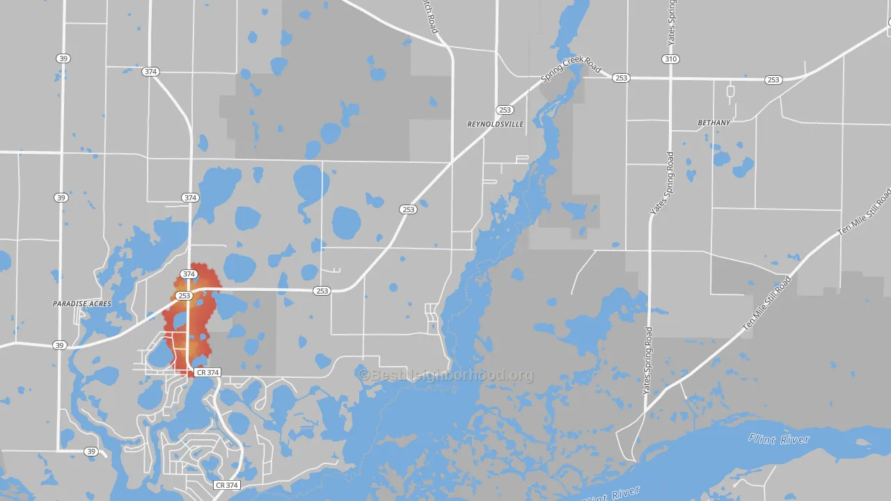 Walk Grade map of Reynoldsville, GA, walkable areas in green and car-dependent areas in red