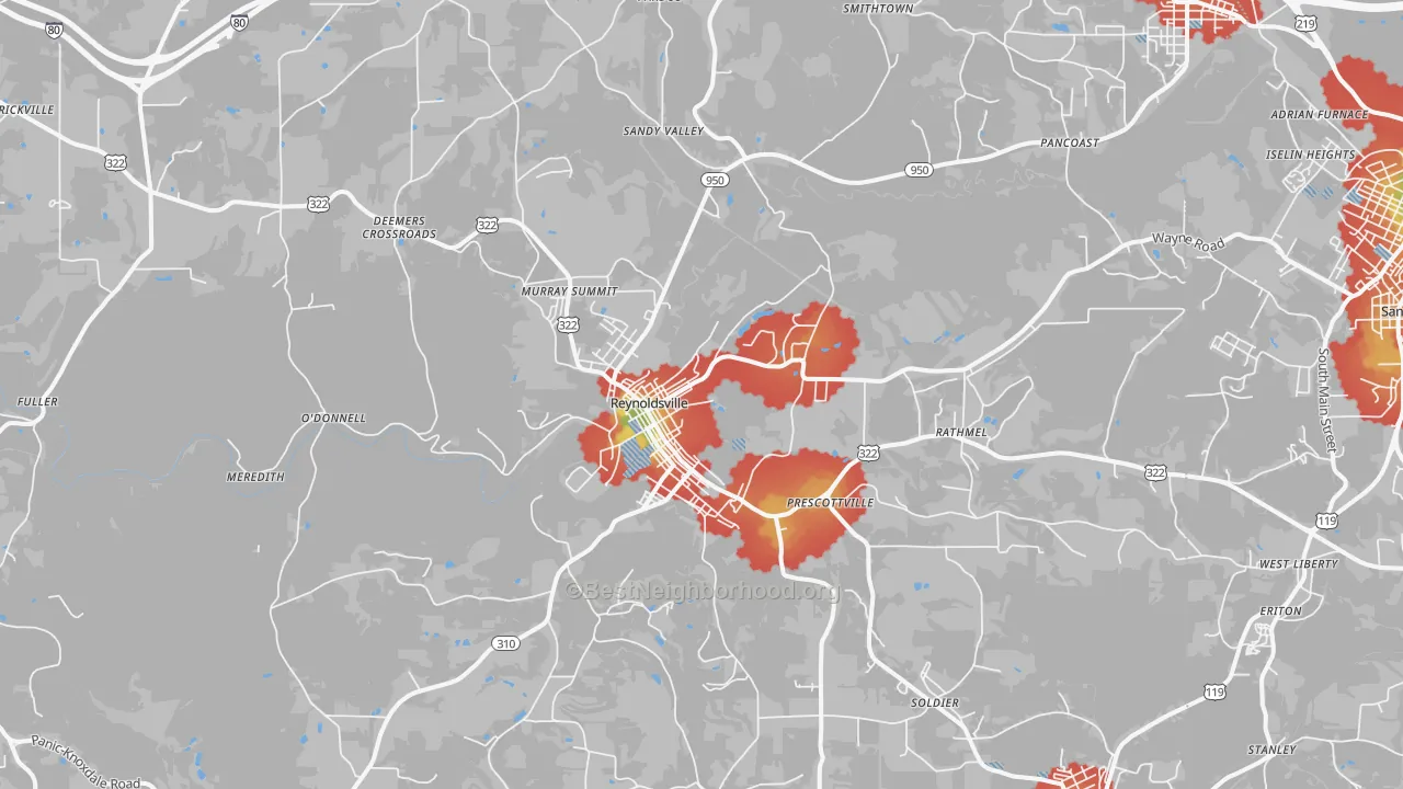 Walk Grade map of Reynoldsville, PA, walkable areas in green and car-dependent areas in red
