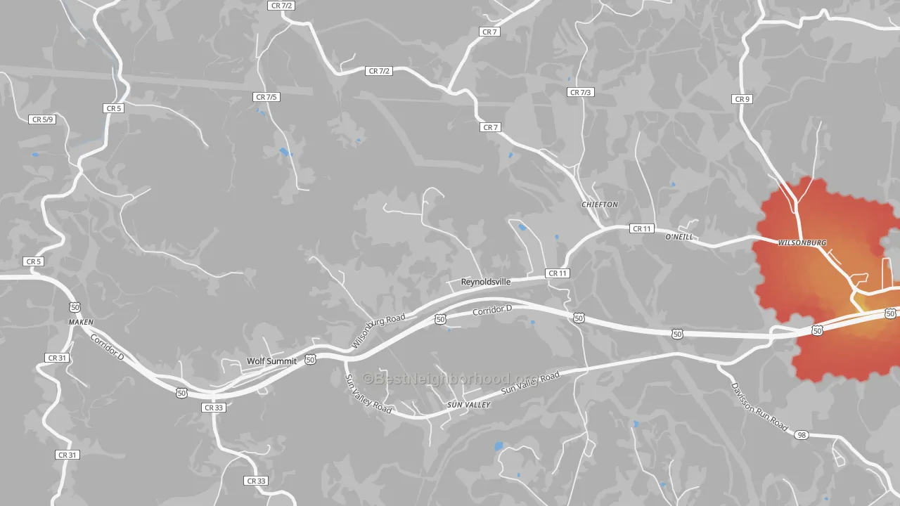 Walk Grade map of Reynoldsville, WV, walkable areas in green and car-dependent areas in red