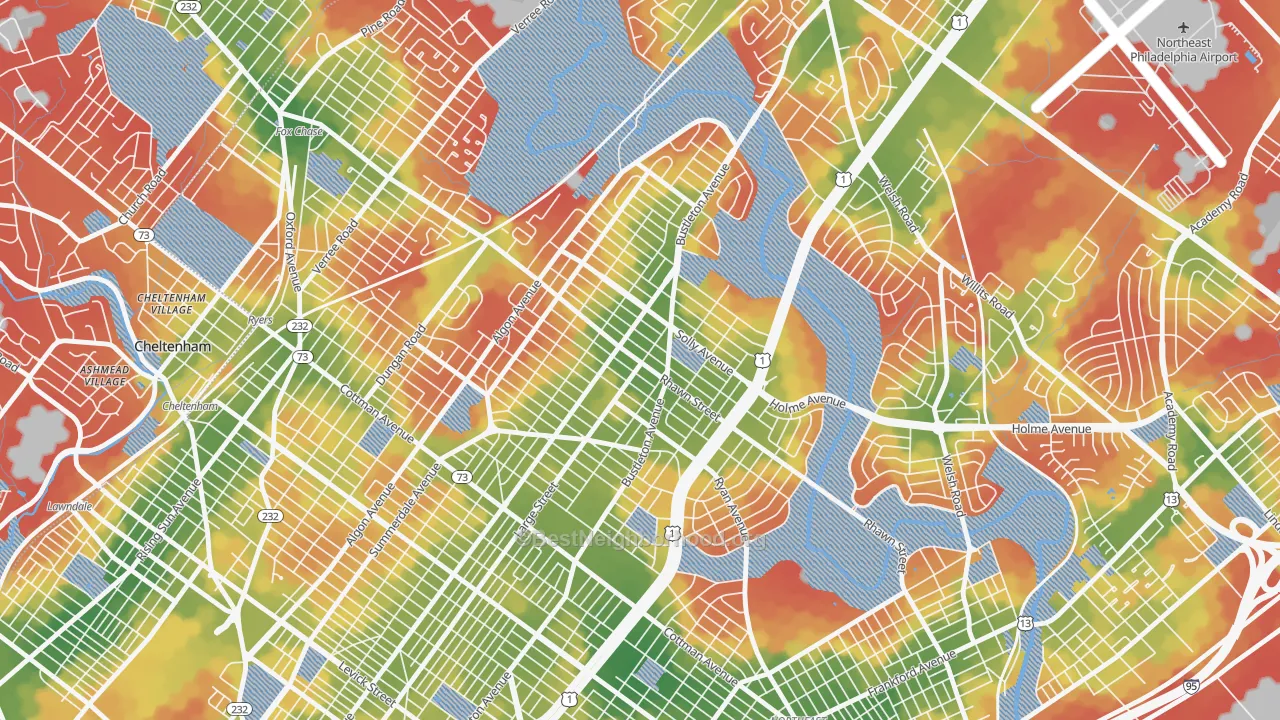 Walk Grade map of Rhawnhurst, Philadelphia, PA, walkable areas in green and car-dependent areas in red