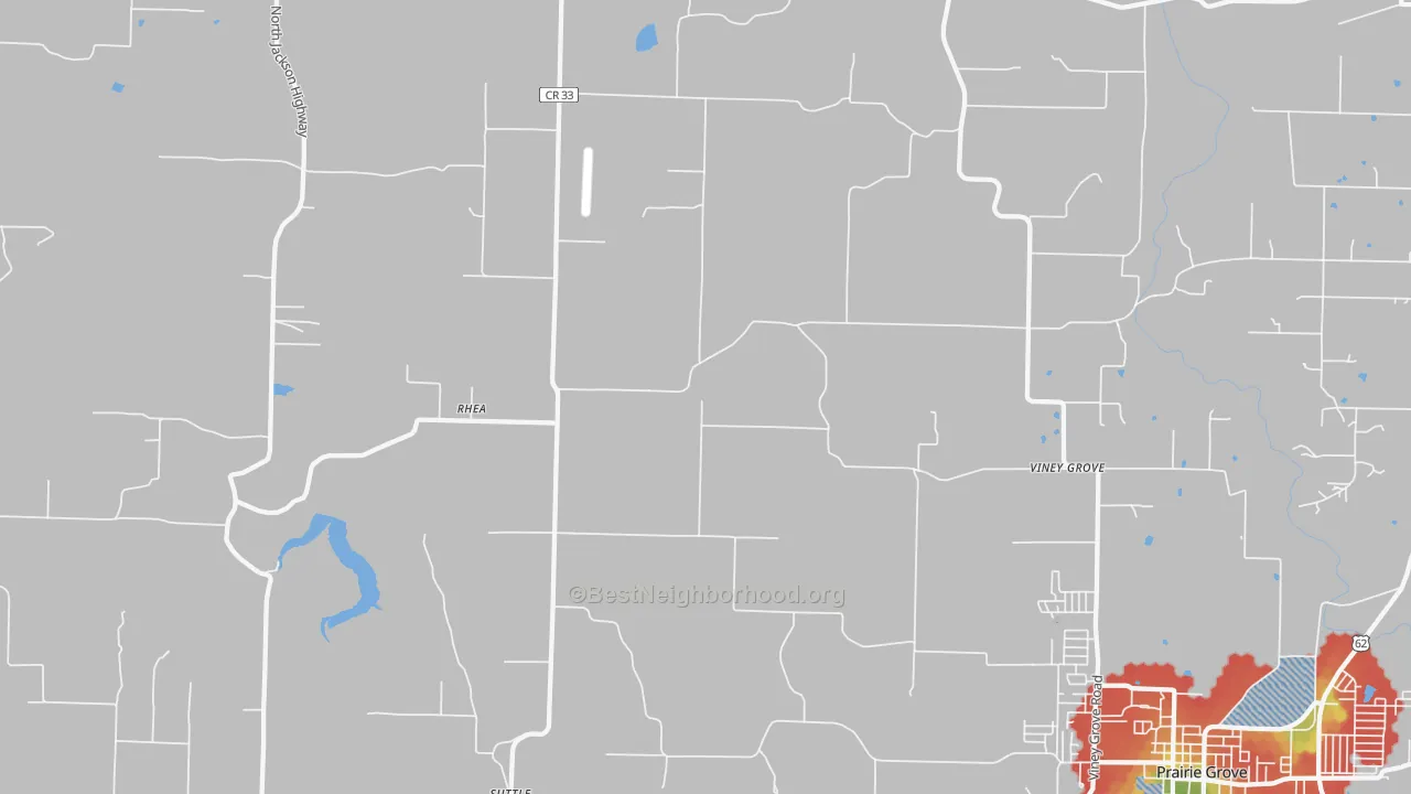 Walk Grade map of Rhea, AR, walkable areas in green and car-dependent areas in red