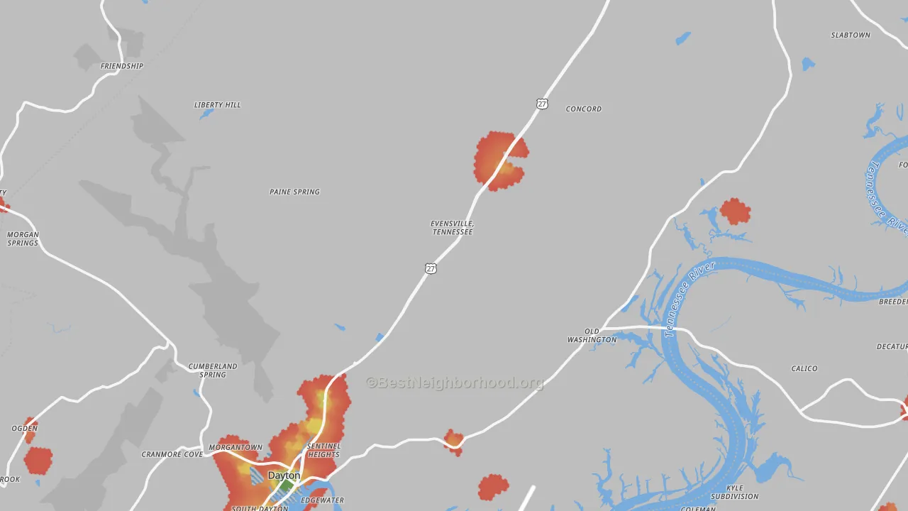 Walk Grade map of Rhea County, TN, walkable areas in green and car-dependent areas in red