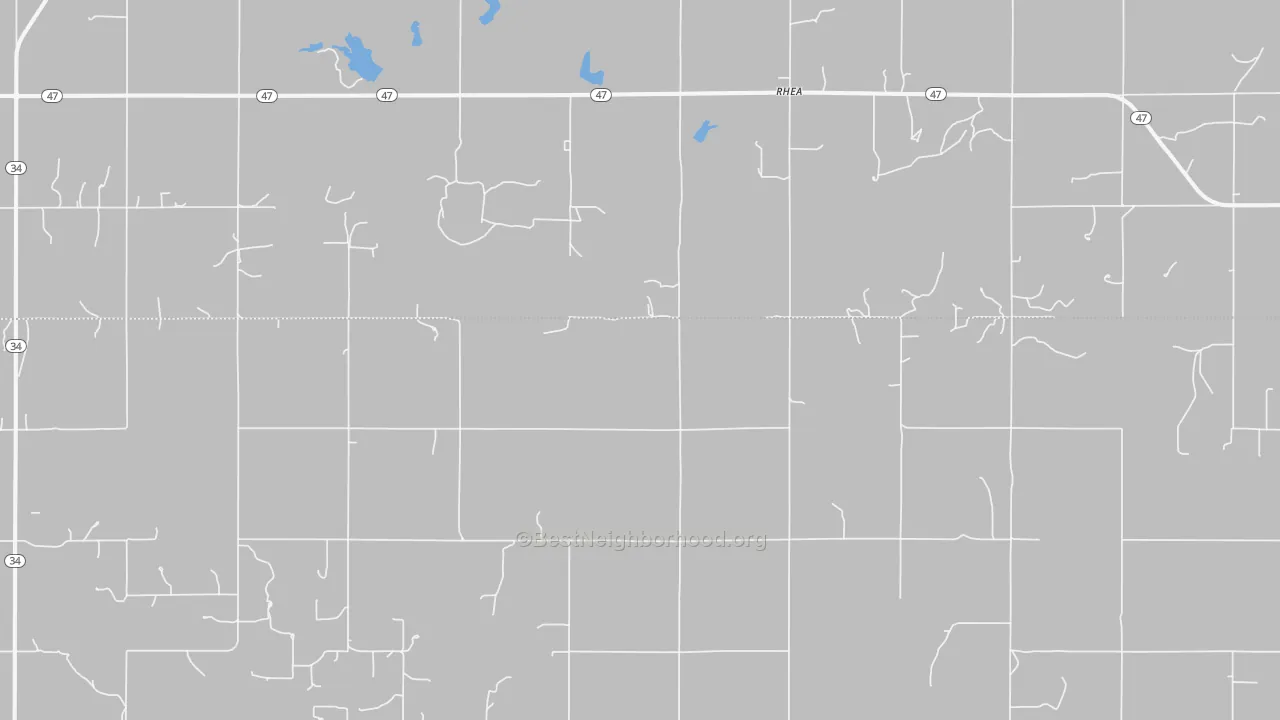 Walk Grade map of Rhea, OK, walkable areas in green and car-dependent areas in red