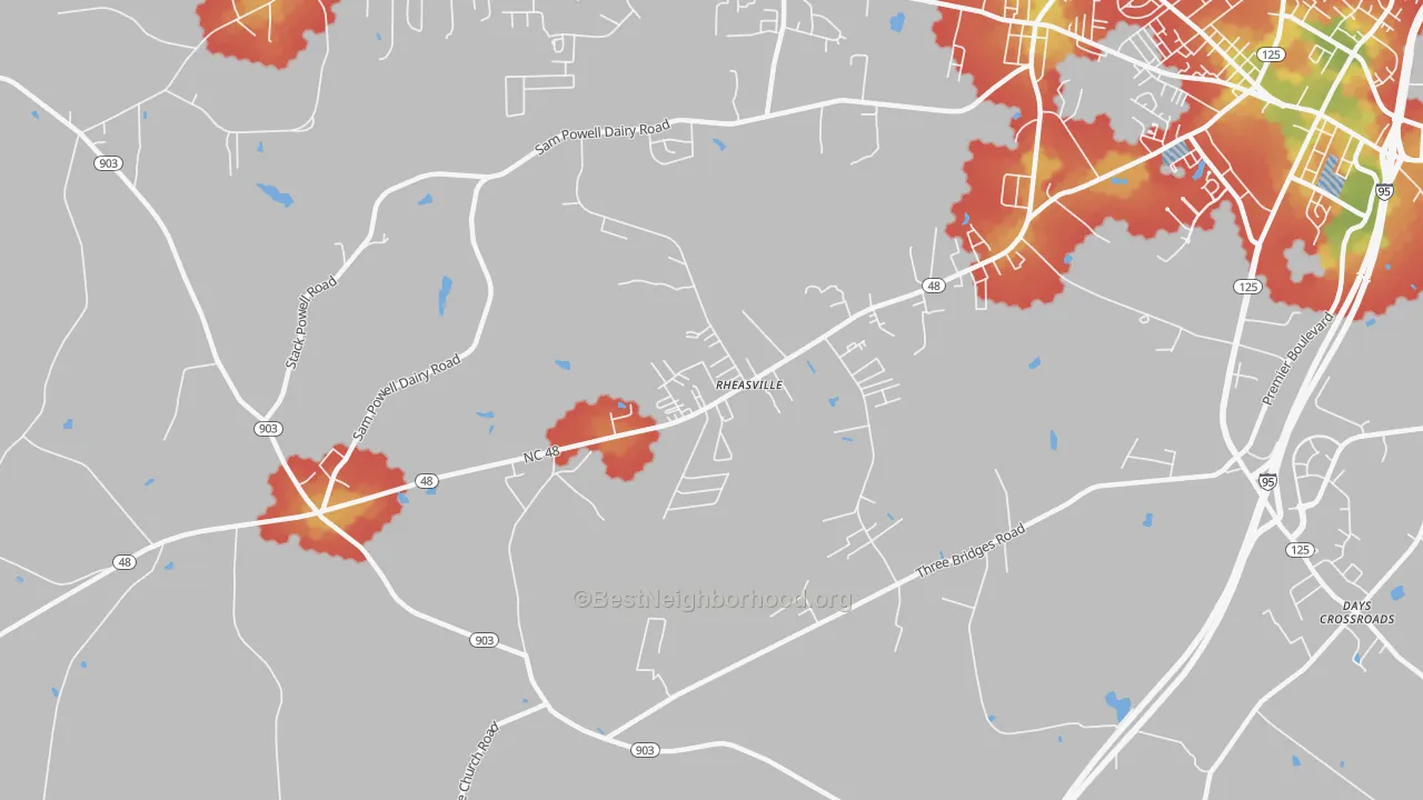 Walk Grade map of Rheasville, NC, walkable areas in green and car-dependent areas in red